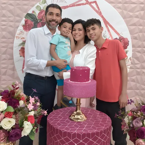 Theres two adults and a child in front of a cake, he is! cerca de 3 0 anos de idade, ele tem cerca de 2 5 anos de idade, Happy family, ele tem cerca de 30 anos, ele tem cerca de 3 0 anos de idade, background is celestial, ele tem cerca de 2 0 anos de idade...