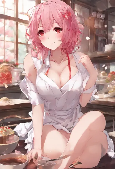 1girl in, 独奏, Nakano Nino, Pink hair, butterfly hair ornament, (barechested:1.3), (White apron),, cleavage of the breast, thighs thighs thighs thighs, Cafe background, (red blush:1.3), opening legs