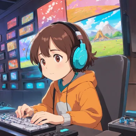 A small child is playing a game with headphones，Keep your eyes on the console，floating in air，The background is a bright patch of color，Manhwa Style