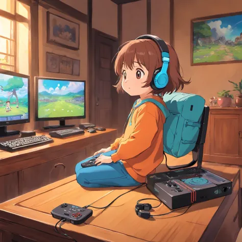 A small child is playing a game with headphones，Game console in hand，Keep your eyes on the console，floating in air，The background is a bright patch of color，Manhwa Style