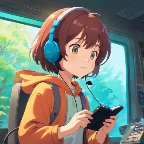 A small child is playing a game with headphones，Game console in hand，Keep your eyes on the console，floating in air，The background is a bright patch of color，Manhwa Style