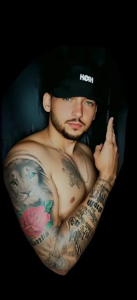 there is a man with a tattoo on his arm and a hat on, Tony Sandoval. Realistic, inspirado em Ludovit Fulla, Corpo de Ernest Khalimov, com tatuagens, arte digital!!, Tony Sandoval. 8 k realista, inspirado em Charles Brocky, Marechal Mathers, Coberto, Master...