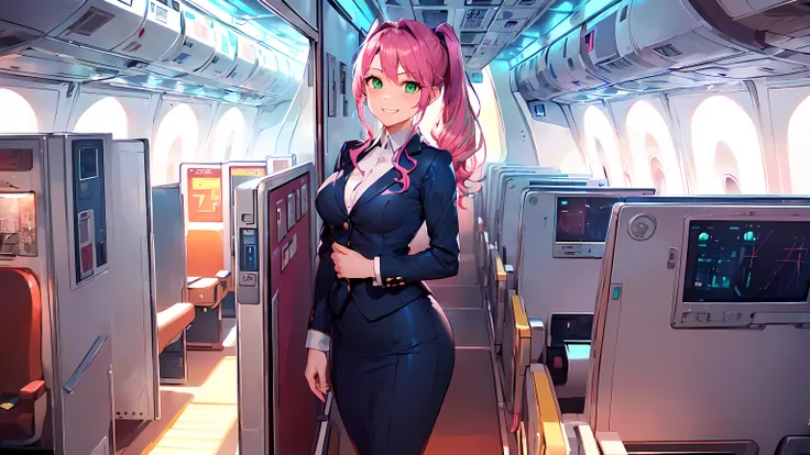 ​masterpiece, 1girl ((20year old, dressed as a flight attendant, tight outfit, high heels, medium breasts, multicolor pink hair, twin ponytails:1.1, perfect model body, green eyes:1.5, flirting, happy, big smile, looking toward viewer, cosplay as a flight ...