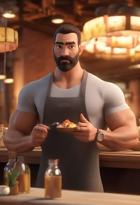 Estilo Pixar: Brown eyes muscular athletic man with cropped hair dressed 32 years old with short dark brown beard on chin worked in a Japanese restaurant Sushima