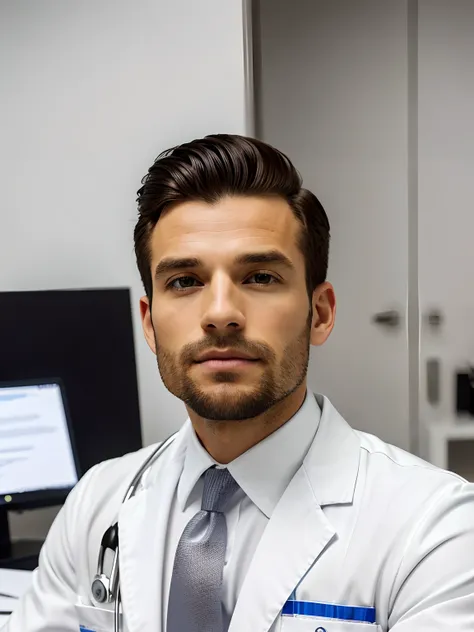 Homem de terno branco e gravata sentado em uma mesa, foto de um homem, sitting at desk, wearing a medical suit, foto corporativa, homem bonito, retrato profissional hd, wearing white doctors suit, sentado em uma mesa, uma foto de um homem, bonito e atraent...