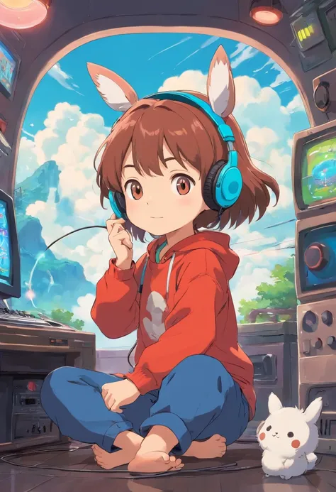 A small child is playing a game with headphones，Game console in hand，Keep your eyes on the console，floating in air，The background is a bright patch of color，Manhwa Style