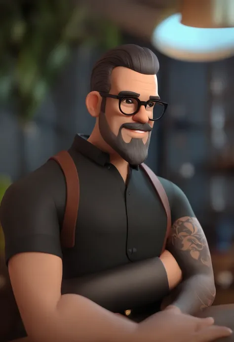 Cartoon character of a man with black glasses and a black polo shirt, cabelo liso, With beard and old school tattoo on his arm, animation character, Caractere estilizado, animation style rendering, 3D estilizado, Arnold Maya render, 3 d render stylized, to...