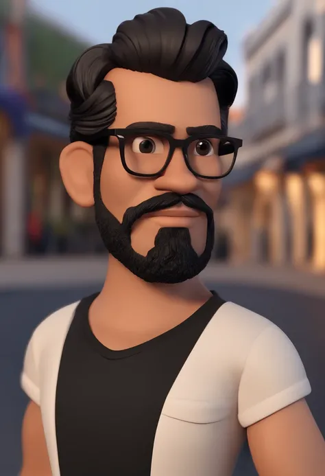 Cartoon character of a man with black glasses and a black polo shirt, cabelo liso, With beard and old school tattoo on his arm, animation character, Caractere estilizado, animation style rendering, 3D estilizado, Arnold Maya render, 3 d render stylized, to...