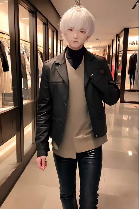 (4K works))、​masterpiece、(top-quality)、((In front of the department store))、Korean Male、Adult male、((Adult 50 years old))、((Adult uncle type))、((Leather Jeans Style))、((Face similar to Hyunjin))、Cool Men、tall、((Gentle face))、((Cool werewolf fashion in blac...