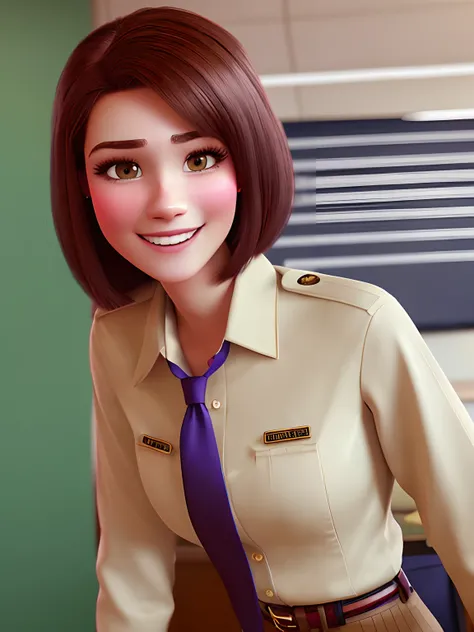 pixarstyle a waist-length portrait of a young woman in a office shirt, smile, office, natural skin texture, 4k textures, hdr, intricate, highly detailed, sharp focus, cinematic look, hyperdetailed