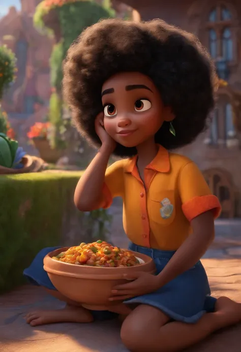 Um filme inspirado na Disney Pixar (MENINA NEGRA JOVEM COM CABELO LONGO CACHEADO PRETO) dentro A cena estar na arte distinta do estilo PIXAR, descolada e estilosa