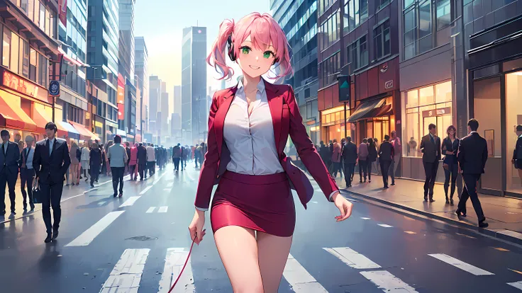 ​masterpiece, 1girl ((20year old, dressed in a tight red business suit, business suit jacket, tight white shirt, tight knee length business skirt, high heels, medium breasts, multicolor pink hair, twin ponytails, perfect model body, green eyes:1.5, flirtin...