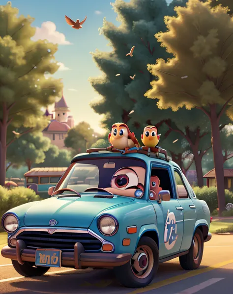 A "Disney Pixar Cars" style film cover, a majestic sunny backdrop with trees. some birds flying. a joyful illumination. A car that doesnt know what to do. He has a dirty windshield. The windshield wiper is broken and he cant clean the glass.