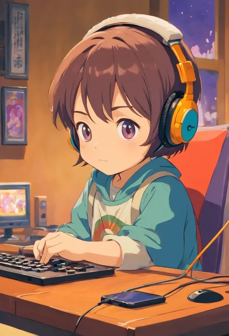 A small child is playing a game with headphones，Mantenha os olhos no console，flutuando no ar，The background is a bright piece of color，estilo manhwa