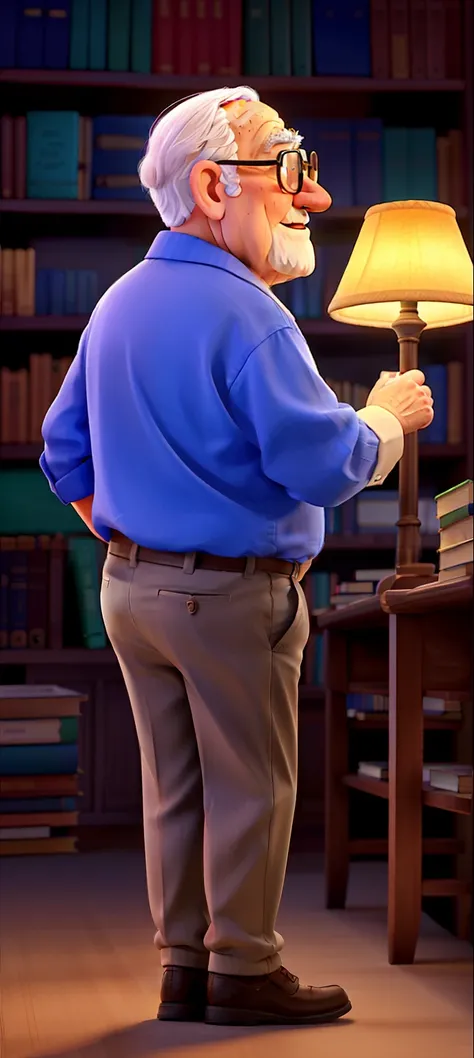 A wise old man standing in front, illuminated by the light of a lamp, against the backdrop of a library