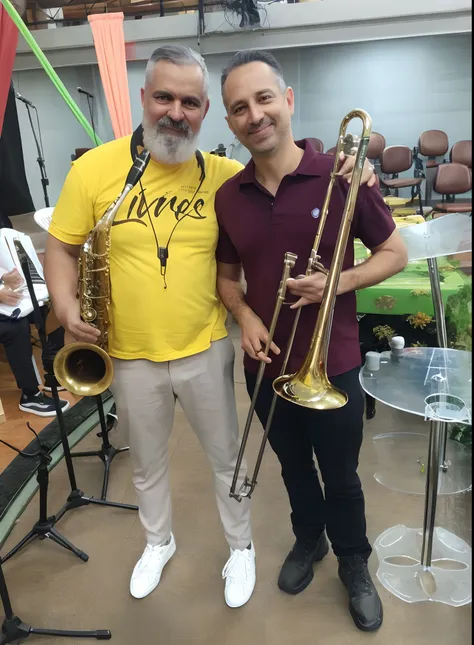 Its two men standing next to each other with instruments, sousaphones reais, com grandes tubos dourados, sousaphones, dois chifres, 🌻🎹🎼, nice composition, In Sao Paulo, Grandes chifres, david rios ferreira, Directed by: Nandor Soldier, masterful compositio...