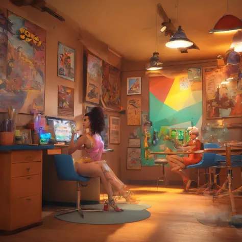 create a 3D movie poster inspired by Disney Pixar, The scene should be in Pixars signature digital art style, com uma imagem caricatural que lembra a cantora brasileira "Anita" in the prone position, Wearing a bikini while a tattoo artist is sitting tattoo...