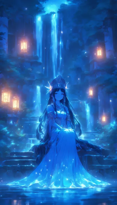 (Masterpiece, Best Quality), 1girll(athena_Asamiya Palace), cute dress, Long black hair, sitting, Beautiful outdoor background, night time, woods，highly detailed surreal vfx，oc render