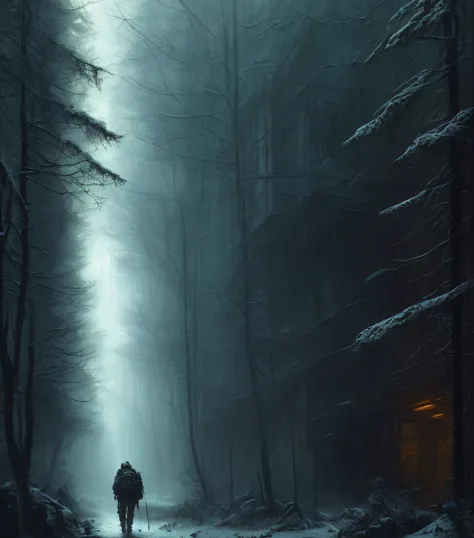 (masterpiece) high detailed raw, a post apocalyptic man with a backpack is walking through a dark alley way in a forest with tal...