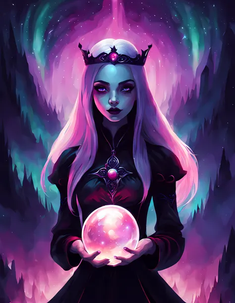 (epic mysterious digital drawing), cute vampire queen holding a magical (orb with Aurora inside it:1.3)