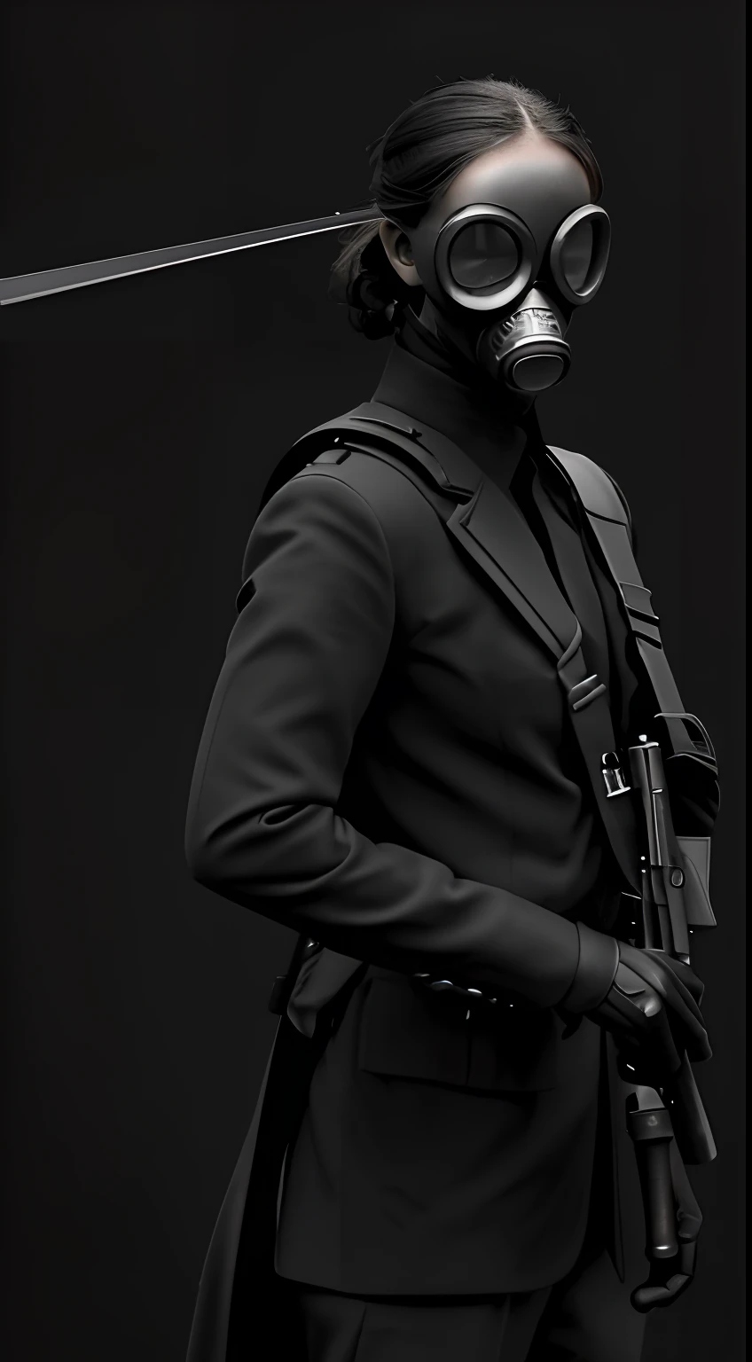 A soldier with a gas mask,olhos vermelhos,capacete preto,traje preto,weapon in hand,Non-uniform umbrella symbol,mochila nas costas,foto retrato,Pose para foto,high-resolution frame,8k realista, cinemactic,porta granadas,soldado forte,