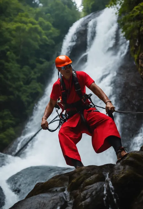 Image of a Japanese bald man in sunglasses, red helmet for a story in a YouTube video in Pixar format, Hes rappelling down the waterfall , Hes the class leader, Hes outgoing, frisky, equipamentos de resgate petzl