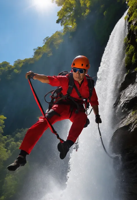 Image of a Japanese bald man in sunglasses, red helmet for a story in a YouTube video in Pixar format, Hes rappelling down the waterfall , Hes the class leader, Hes outgoing, frisky, equipamentos de resgate petzl