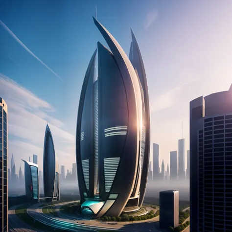 a  BIG futuristic building in a stunning big city, science fiction