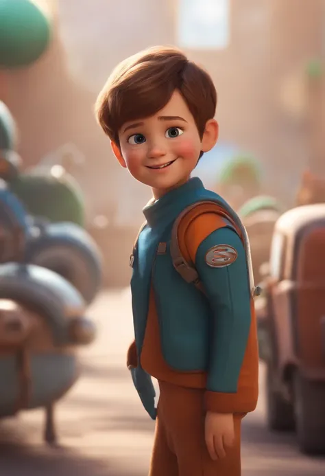 a happy cute kid standing short hair, vestindo uma fantasia espacial, , fundo branco, barnet, Tom, Estilo Pixar, ....3d, desenhos animados, rosto detalhado, asymmetrical 16k