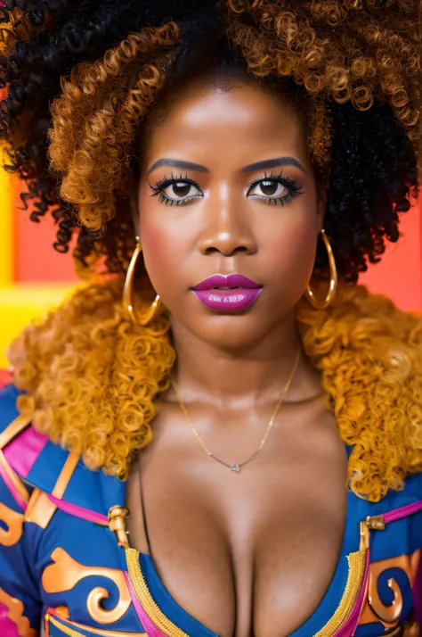 ultra realistic photography of Kelis (afro, lipstick) in a futuristic outfit, cleavage, Afrofuturism, fashion, complementing colors, by Michael Malm, best quality, 8k, 85mm