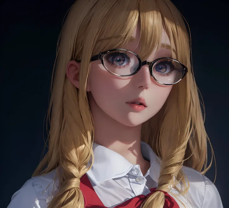 blond haired doll with glasses and a white shirt, hyperrealistic schoolgirl, on a mannequin. high quality, ultrarealistic sweet bunny girl, long blonde hair and big eyes, long blonde hair and large eyes, a hyperrealistic schoolgirl, realistic schoolgirl, s...