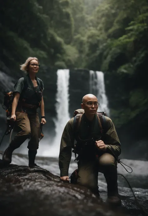 Image of a Japanese bald man, Pixar format glasses, He is rappelling down the waterfall by jaguariaiva, with girlfriend with shaved hair Hes an extrovert, com roupas de trekking