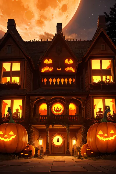 A zombie attack with pumpkin heads and flaming eyes on a house decorated for Halloween. Its very detailed and textured. La lune a une sourire sanglant