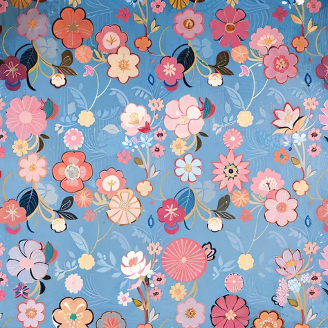 Continuous mode，Seamless pattern design，Blue background with pink and yellow flowers and leaves, Inspired by Emily Murray Patterson, Inspired by Raoul Dufy, floral patterns, repeating fabric pattern, chinoiserie pattern, Repetitive patterns, Inspired by Hi...