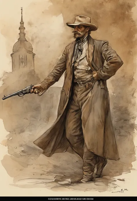 Um pistoleiro do Velho Oeste, with a determined look and a gun in his hand. The image is inspired by the works of Clint Eastwood, como "The Lone Gunslinger" e "O Bom, o Mau e o Feio". The gunslinger must have an air of mystery and danger, como se estivesse...