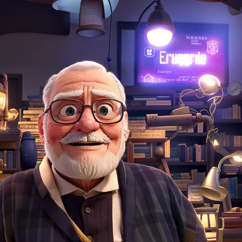 A wise old man standing in front, illuminated by the light of a lamp, against the backdrop of a library