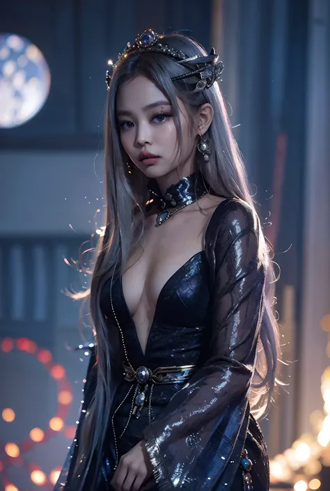 Cinematic photograph of a Targaryen queen in the moonlight, cabello plateado, rostro de Haenyra Targaryen. A dragon in the background. RELISTA, Altamente detallado, cara detallada, intrincado, colores vibrantes, sombras realistas, Textura de la piel altame...