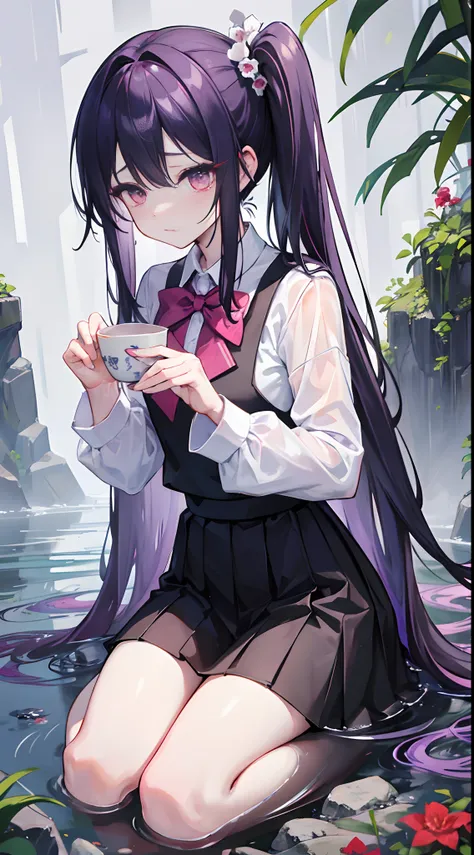 Long black gradient purple hair，black school uniform，red bow，Pale pink eyes，，The other side has a side ponytail in her hair，Flowers bloom all around，Slightly rainy，Rain gets wet，White Jade Flute，A tear、 Two money old tears、Three bitter tears、Four cups of t...