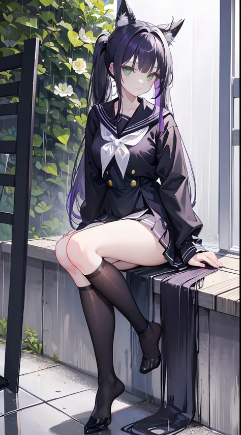 Long black gradient purple hair，Black sailor uniform，Bow knot，Pale green eyes，，Flower hair ornaments on the other side，Tied in a side ponytail，Flowers bloom all around，Slightly rainy，Rain gets wet，black lence stockings，Medium build，chiquita