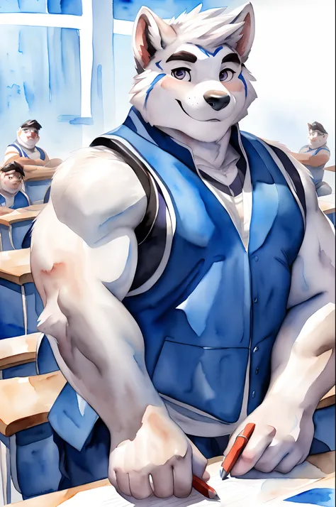 Hominidae, Pose for Camera. 4K, high resolution, Best quality, posted on e621, (Solo:1.2), Anthropomorphic white wolf, male people, 16 yaers old, Thick eyebrows, Light blue fur, Strong body, large pecs, ((Blue sports vest)), Expose the chest, In class, hol...