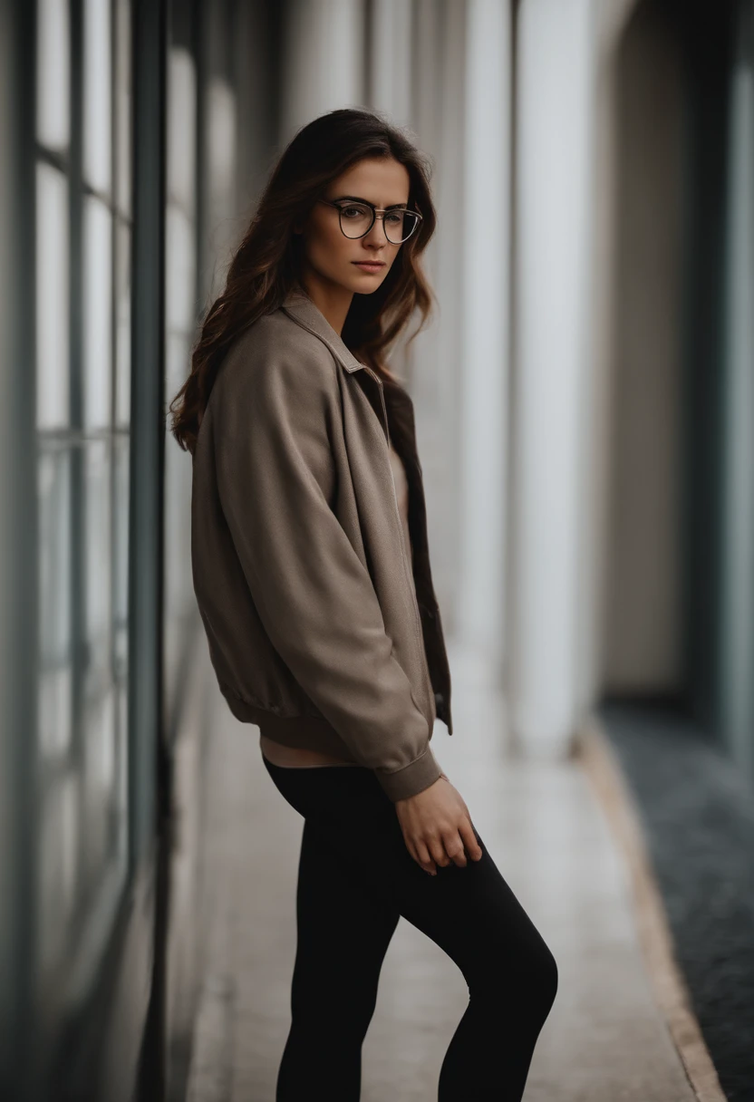 Brown haired girl in glasses, semblante triste, olhos castanhos, There are skin-colored bios, o Brown Glasses, jaqueta preta, black legging pants, Gray sports sneakers with white.