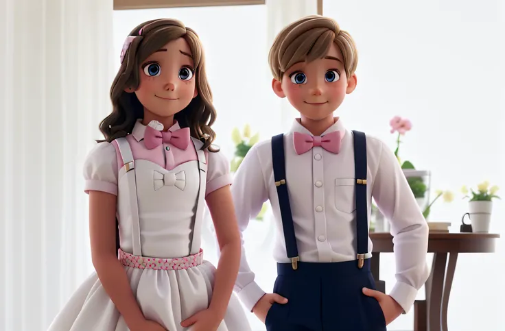 two children with dark blonde hair, a girl in a white dress with a slight smile, the boy with a pink bow tie and suspenders, with his hands in his pockets