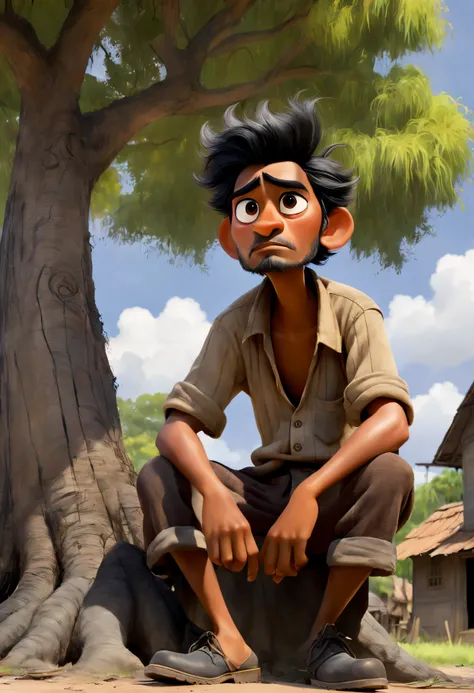 (Disney Pixar style:1.1), Full body shot, A painting of a lazy villager, Narayana Prabakala, Looking up, disheveled black hair, Messy Blackbeard, Against the background of the village, (sitting under a tree:1.15), Wearing a dark brown torn shirt and tatter...