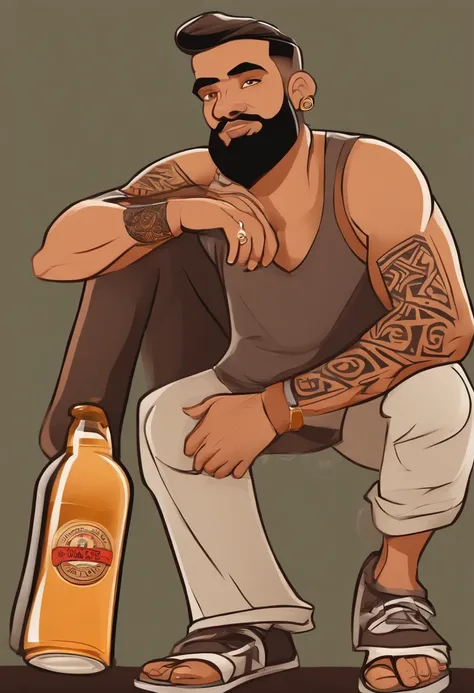 Cartoon character of a short 35-year-old man with beard and with tribal tattoo on his right arm, cabelos pretos, Undercover haircut with t-shirt with shorts ,Slipper holding a can of beer in his light brown skin color hand