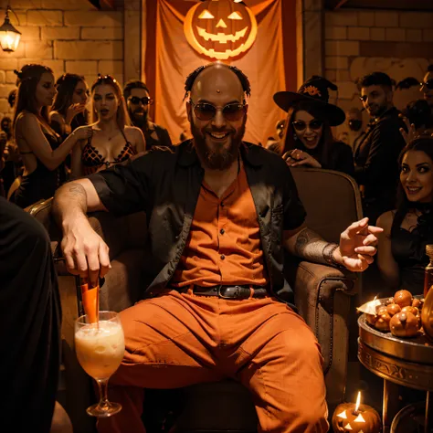 a bald attractive man wit beard and red sunglasses, in a halloween costume, halloween party, sit on a throne, surrownded by party people with hallowenn costumes, detailed, mastepiece, pumking, smiling