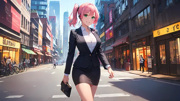 ((loose closeup)) ​masterpiece, 1girl ((20year old, dressed in a tight red business suit, business suit jacket, tight white shirt, tight knee length business skirt, high heels, medium breasts, multicolor pink hair, twin ponytails, perfect model body, green...