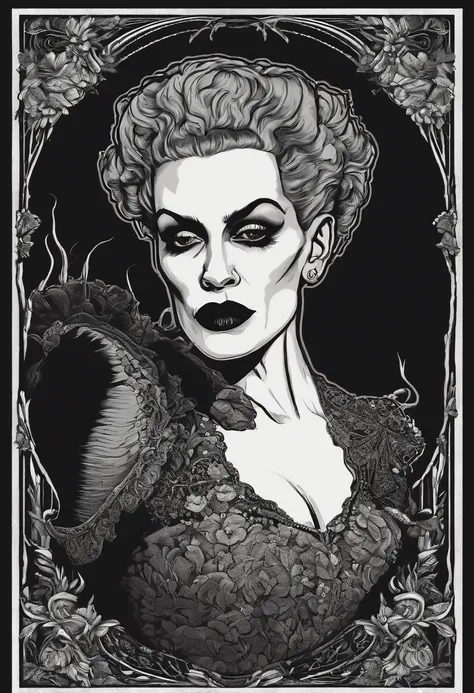 /imagine prompt: bride of Frankenstein illustration for a sticker with a black background, in bold outline style, jagged edges, trashcore, light shading --v 5.2