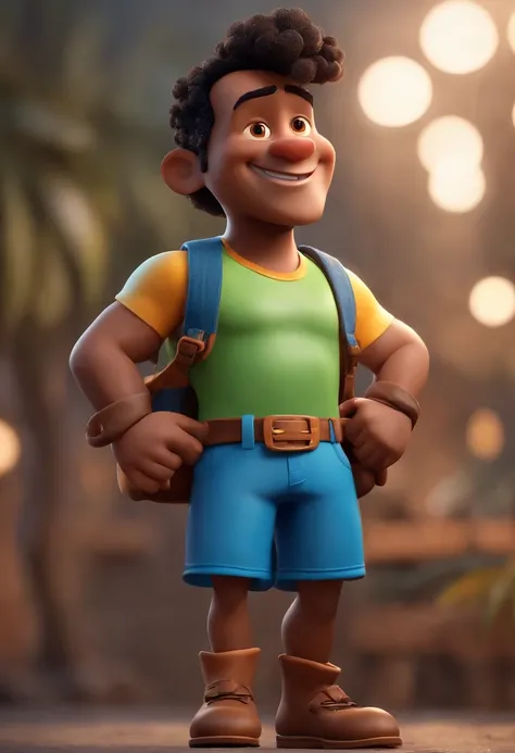 personagem dos desenhos animados estilo pixar de um homem com cabelo preto, barba grande e uma camisa azul, and in a scenario of ecommerce and digital products as marketing, Social Media, animation character, Caractere estilizado, animation style rendering...