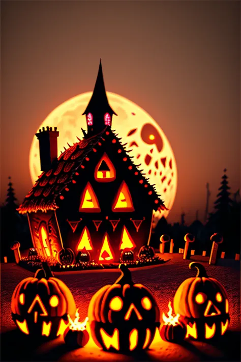 A realistic zombie attack, with pumpkin heads and flaming eyes on a house decorated for Halloween. its very detailed and textured. The moon has a bloody smile