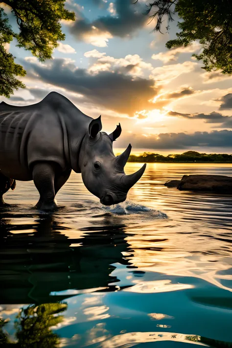 Rhino de pie en el agua al atardecer con su reflejo en el agua, majestuoso!!! Beautiful!!!, Peaceful-looking animals, hermosa naturaleza, incredible reflections, Anonymous, hermosa foto, Beautiful Reflections, foto muy bonita, water reflection!!!!!, hermos...